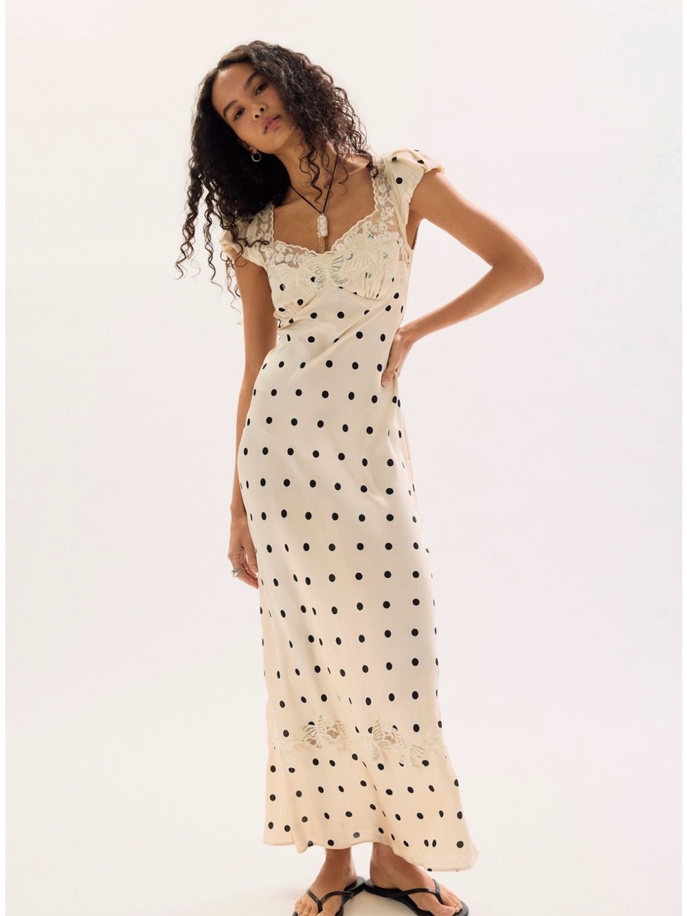 Free People Butterfly Babe Cream Polka Dot Lace-Trim Maxi Dress